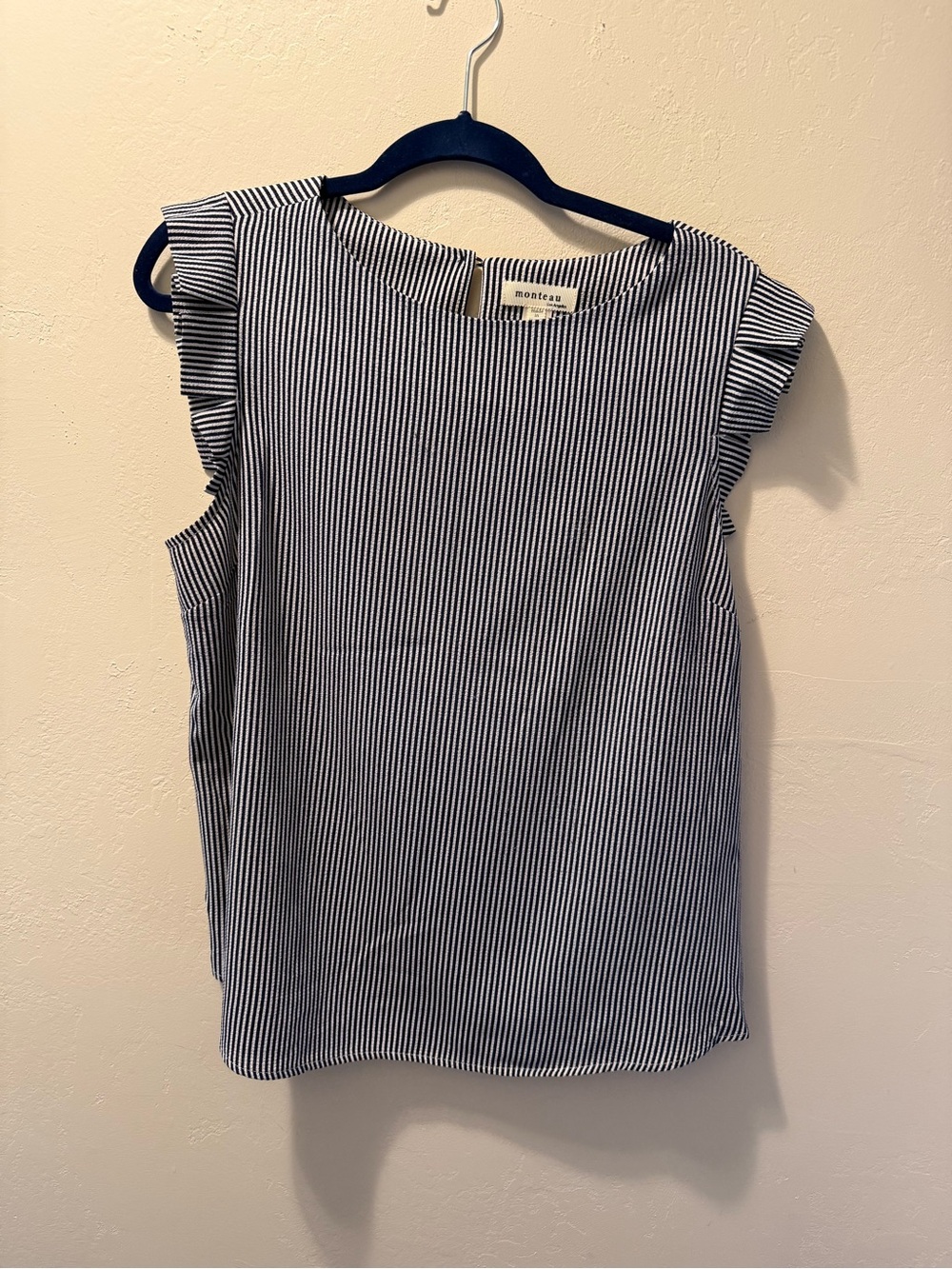 Monteau Navy/White Pinstripe Ruffle Sleeve Camisole